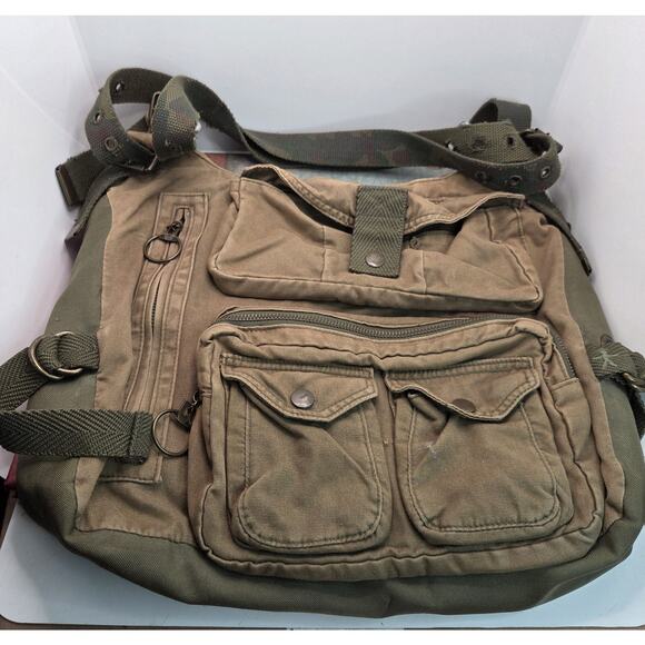 Da-Nang Bag Recycled Green Military Wear Satchel Multi Pockets Snap Zip Vintage - Picture 2 of 16